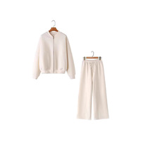 Ensemble 2 pièces pour femme, automne, style rétro, couleur unie, veste bomber zippée + pantalon large à taille haute avec lacets, streetwear
