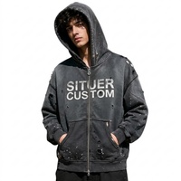Sweat à capuche zippé vintage délavé avec logo personnalisé pour homme, style streetwear déchiré et effet éclaboussures de peinture, vente en gros TKAN0989