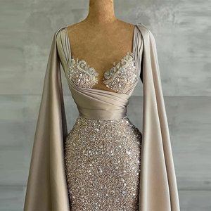 Vestidos de Noche Árabes con Lentejuelas Brillantes, Capa con Apliques de Encaje Fruncido, <span class=keywords><strong>Vestido</strong></span> de Gala con Escote Corazón, <span class=keywords><strong>Vestido</strong></span> Formal para Fiesta, Alfombra Roja, Personalizado - Product Image 3