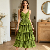 Robes de plage OEM à volants pour femmes, nouvelle collection été, sexy, col en V, fourreau midi, froncées, bretelles spaghetti, tenue de villégiature