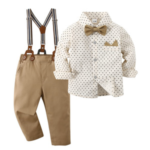 Ensemble formel pour petit garçon : chemise à pois en mélange de coton, <span class=keywords><strong>pantalon</strong></span> à bretelles et nœud papillon - Product Image 1