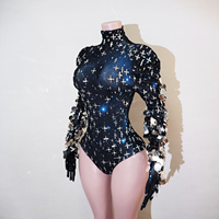 Justaucorps sur mesure à imprimé galaxie, orné de strass et de paillettes, à manches longues, pour spectacle de Drag Queen, Showgirl, danseuse