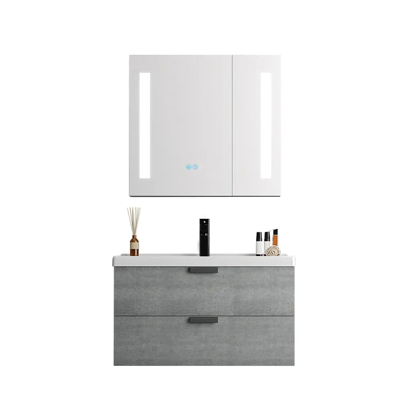 Tocador de baño con dos cajones, moderno espejo inteligente montado en la pared