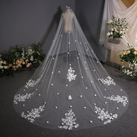 Doux doux élégant appliqué tulle dentelle ivoire longs voiles de mariée 3.8m * 3m vente chaude