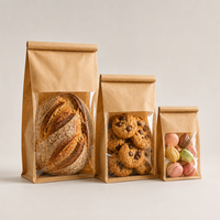 Sacs à pain en kraft à fond plat avec fenêtre frontale pour biscuits faits maison, macarons, beignets, emballage de boulangerie, logo personnalisé, vente en gros