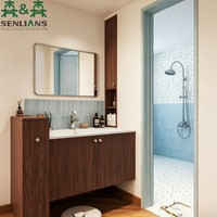 Ensemble de meuble-lavabo flottant moderne en bois de noyer SLS avec armoire latérale de rangement coulissante et lavabo intégré
