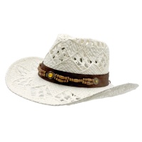 Chapeau de cowboy blanc imitation paille en gros |   Chapeaux de festival Panama personnalisés en cuir ajouré et perles de bois pour adultes, idéaux pour la plage et le soleil