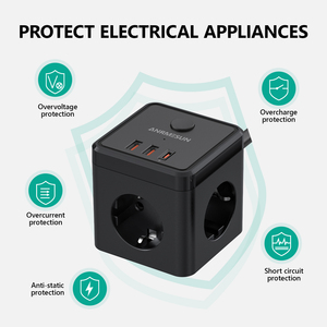 Multiprise Cube norme européenne 10A 5m avec 3 prises CA et 2 ports USB-A et 1 port USB-C – Prise électrique durable - Product Image 6