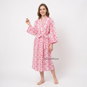 Handmade Cotton Kimono Dress Elegant Floral Soft Casual Lounge Wear Spring Summer Nights High Elastic Waist - Product Image 1
