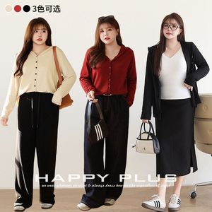 Suéter Cárdigan con Capucha Happy Plus para Mujer, Talla Grande, Color Sólido, Botones al Frente, Manga Larga, Corte Holgado, Tejido de Punto, Rojo, Negro, Albaricoque - Product Image 3