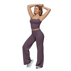 Meilleur ensemble de yoga sans couture pour femme en gros : pantalon taille haute à jambes larges et crop top à fines bretelles, couleur unie, pour entraînement et fitness - Product Image 4