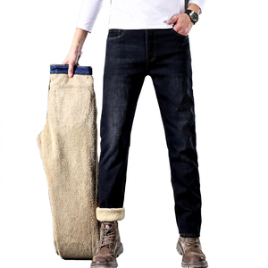 Vaqueros de mezclilla para hombre, de lavado oscuro, de punto, con forro polar, de pierna recta media, corte regular, cortavientos, lavables, casuales de invierno, con rayas y letras - Product Image 1