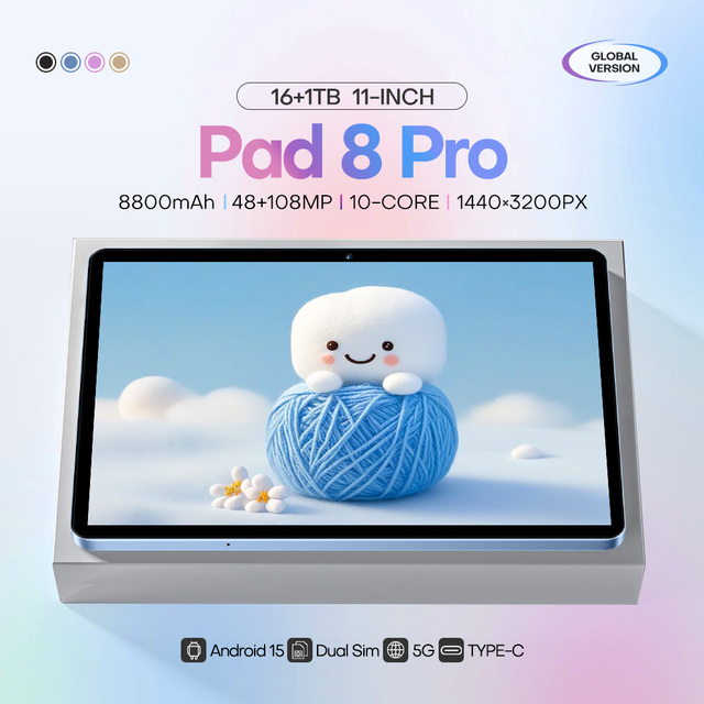 Pad 8 Pro 11-Inch Tablet 16GB+256GB 108MP 8000mAh 5G Dual SIM+TF Android 15 Octa Core 2560x1600 Display Metal Frame for KIDS