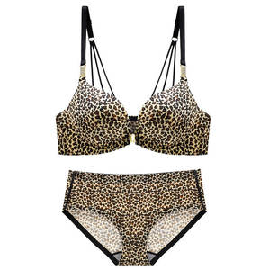 Ladies <b>Lingerie</b> Thong Panty Set Comfortable Soft <b>Sexy</b> Front Chest Gathered Padded Bra Sporty Cute Style XL Cup Leopard Wire Free - Product Image 1