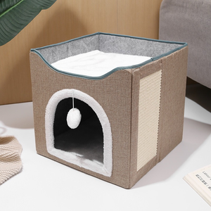 Multi Small Pet Bed Cave Foldable Cube Shape Cat Houses & Condos avec Fluffy Ball Hanging and Scratch Pad - Product Image 2