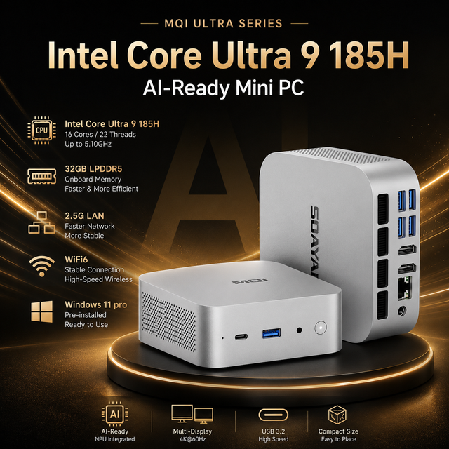 Mini Pc Intlel 185H CPU 16GB 32GB LPDDR5 1TB M.2 NVME SSD 4K UHD Wifi6 Windows 11 Pro AIGaming Mini Computer MQI14