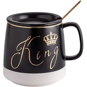 索尔惠北欧风格陶瓷咖啡杯带盖，用于夫妇国王和女王马克杯，配有勺子批发饮具