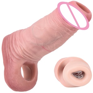 SXXY Realistic Hollow Penis Cock Sleeve with Anti-drop Ring Silicone Soft Penis Cover Reusable Condom Cock Enlargement Sex Toys - Product Image 1