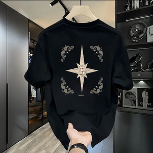 T-shirt pour <span class=keywords><strong>homme</strong></span> en coton 230 <span class=keywords><strong>g</strong></span> avec motif boussole étoile tendance, t-shirt décontracté à manches courtes en coton noir, haut streetwear de haute qualité - Product Image 1