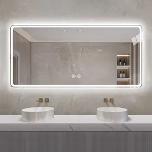 مرآة حمام ليد ذكية للتجميل بدون إطار بها مستشعر شاشة لمس مضادة للضباب للفنادق