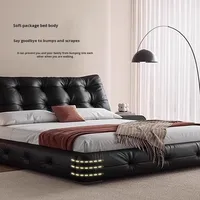Lit double minimaliste italien en cuir de vachette noir, haut de gamme, avec tête de lit de luxe léger pour chambre principale