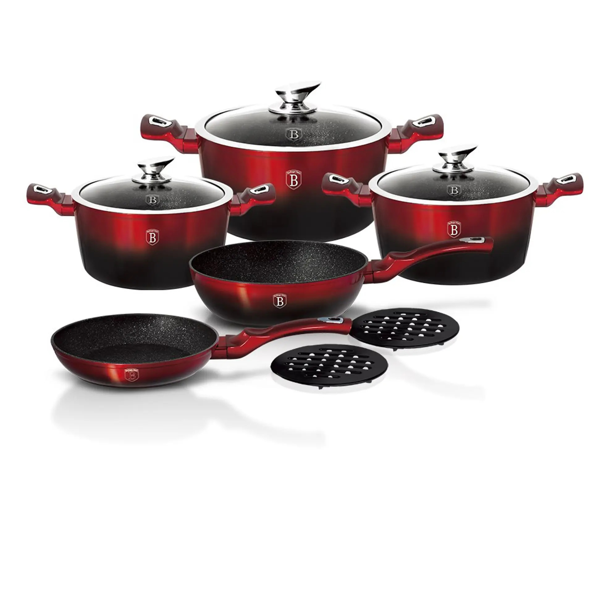 10-Piece Modern Burgundy Aluminium Metal Non-Stick Glass Covered Hand Wash Only Oven Safe Made In Italy Cookware Set · image 1