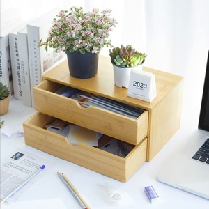 Bamboo Desktop Drawer Storage <b>Box</b> 2-Tier Wood Organizer for Desk Office Study Room <b>Makeup</b> Cosmetics Tidy Multi Layer Shelf - Product Image 1