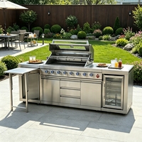 Îlot de cuisine extérieur modulaire de luxe en acier inoxydable avec barbecue à gaz 8 brûleurs, tiroirs et table pliable pour jardin de villa
