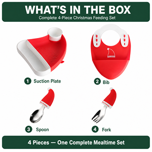 Père Noël Silicone enfant en bas âge alimentation ensemble avec ventouse plaque cuillère fourchette bavoir vacances vaisselle vaisselle en gros - Product Image 3