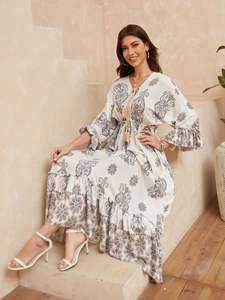 <span class=keywords><strong>Robe</strong></span> en mousseline de soie à imprimé chic bohème, col en V, manches <span class=keywords><strong>mi</strong></span>-longues, volants, taille naturelle, dos nu avec lacets, pour l'été - Product Image 3