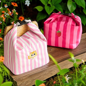 Lunch Bag Pink Striped Insulated With Cat And Strawberry Design For Picnics And Office Use - Product Image 1