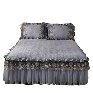 Adult 3Pcs European Bed Spreads Cover Skirt Set, Luxury Embroidery Ruffle Quilt Bed Skirt for Home