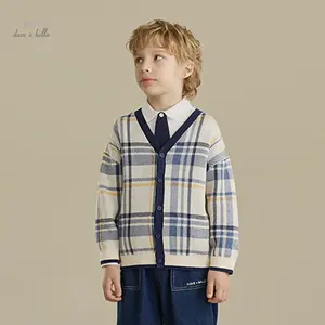 DK3236640 DAVE BELLA autunno bambini ragazzi moda blu bianco Plaid scollo a v Design Casual cotone lavorato a maglia Cardigan maglione