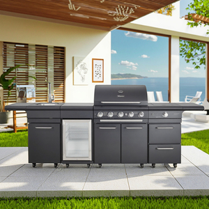 Premium Korean Style Outdoor Kitchen Gas BBQ Stainless Steel 6+1 Burner Refrigerator Tap Cabinet Trolley Electronic ZR6099 Outdo - Product Image 1