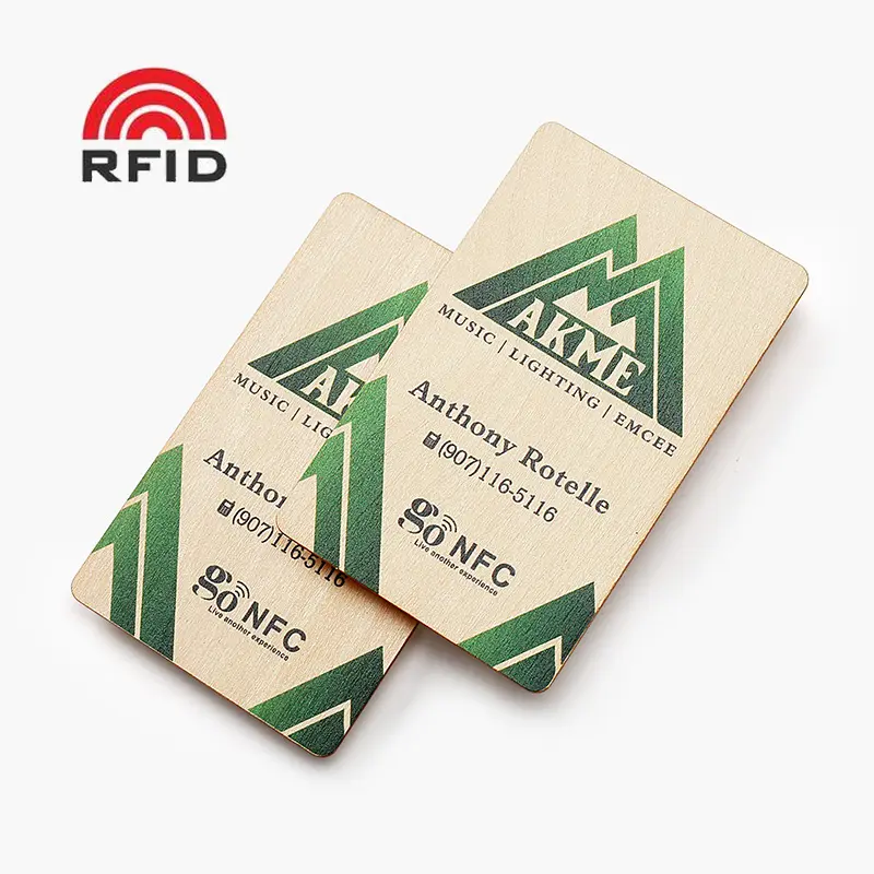 Customized wooden cards can be used for Radio Frequency Identification (RFID) bamboo NFC business cards or wooden hotel key