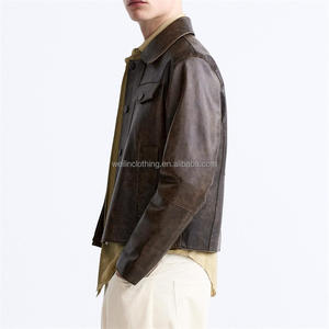 جاكيت جلدي رجالي مخصص بياقة قميص وتصميم متهالك بمظهر قديم - Product Image 4