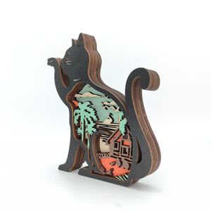 Uionen Hand Carved Wooden Cat Statue Animal <b>Craft</b> Decor Home Office Tabletop Decorative Desktop Ornament - Product Image 3
