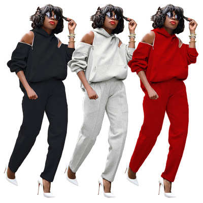 2021 automne vêtements solide couleurs 3 couleurs hors épaule découpé à capuche survêtement deux pièces tenue 2 pièces vêtements ensemble