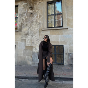 Abrigo Maxi de Cachemira Marrón Transpirable para Mujer, con Botones y Estampado de Piel Sintética Desmontable, para Primavera, Otoño e Invierno, para la Oficina - Tallas XS a XL - Product Image 2