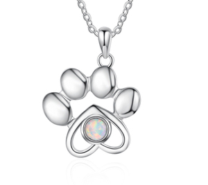 Cute Animal Paw Pendant Necklace 925 Sterling Silver Rhodium Plated Opal Bezel Setting Link Chain Unisex Everyday Wear - Product Image 1