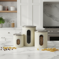 Juego de 3 recipientes metálicos minimalistas BX con ventana transparente para almacenamiento de artículos de cocina y alimentos, con tapas de estilo técnico con logo.