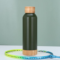 Botol Minum Stainless Steel Portabel untuk Luar Ruangan dengan Tutup Bambu dan Alas Kayu, Botol Air Olahraga Mulut Kecil dengan Pegangan Tangan
