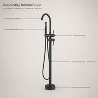 Robinet de baignoire autoportant en acier inoxydable 304 noir mat durable, sans plomb, avec douchette à main, à poser au sol