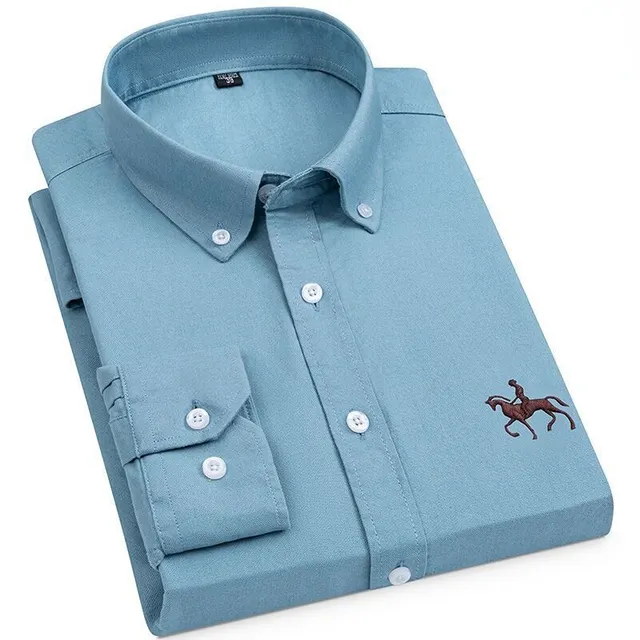 Camisa Oxford 100% de algodón para hombre, camisa de manga larga con bordado de caballo, informal, Color sólido, talla grande