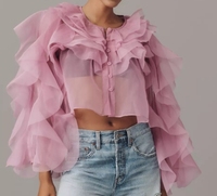Nouvelle Collection Été – Blouse Femme en Chiffon Transparent et Respirant, Coupe Ajustée, Col Rond, Manches Lanterne à Volants, Style Vintage et Dentelle