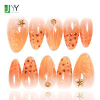 Set Kuku Tekstur Kerang Laut 3D Custom, Buatan Tangan, Akrilik, Bentuk Almond, Warna Oranye, Desain Pantai Laut, Kuku Tempel Sempurna