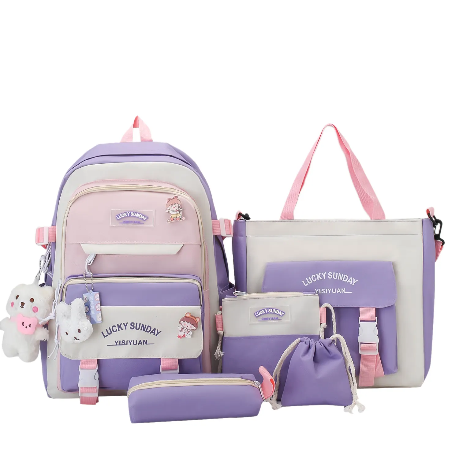 Cute 5 pieces in 1 set of fashionable ladies handbags backpacks for girls Travel learning backpack