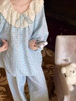 Piyama Elegan untuk Wanita Versi Korea Gaya Putri Manis Gaun Tidur Lengan Panjang Longgar Motif Kotak-kotak Bunga Kecil Set Dua Potong