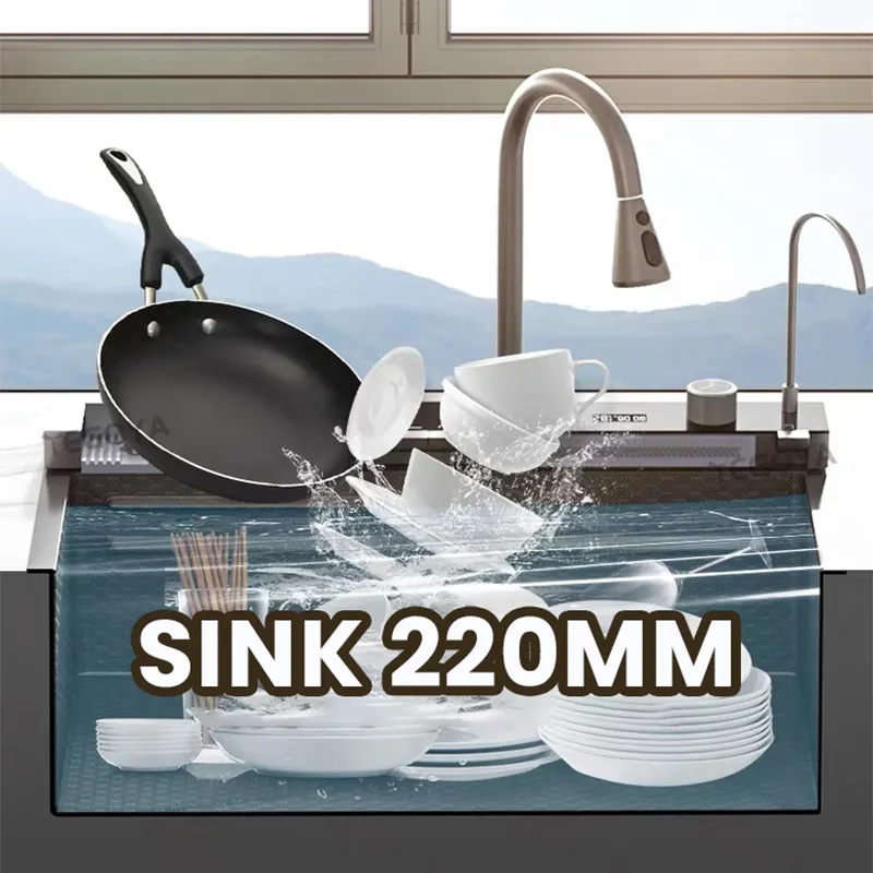 Sang trọng đa chức năng nhà bếp Sinks thép không gỉ chìm thác nước mưa Bát duy nhất bồn rửa nhà bếp với cup rửa