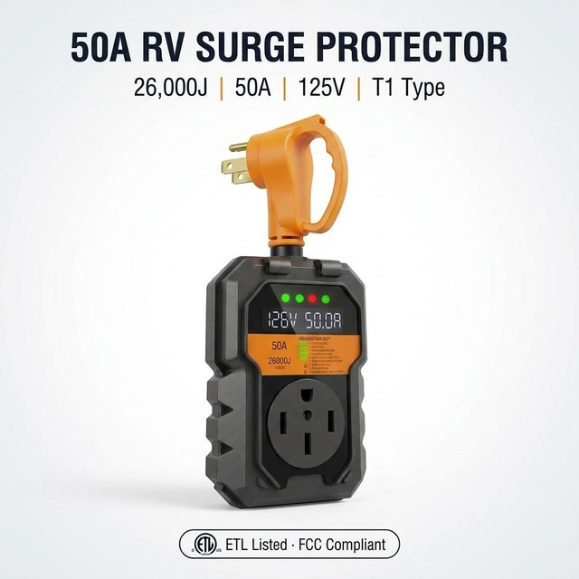 50A RV Surge Protector Wholesale 26000J ETL FCC IP65 LED Anti-Theft Auto Reset OEM RV Campground Power Guard Export